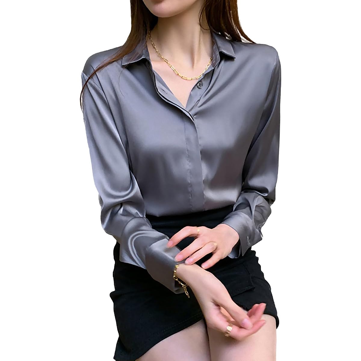 HIYIRUI Women's Satin-Effect Long Sleeve Button-Down Blouse in Gray
