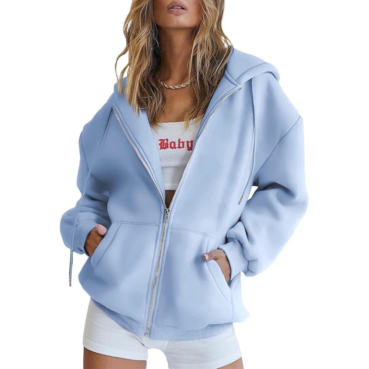 AUTOMET Women's Oversized Full-Zip Hoodie with Pockets in Sky Blue