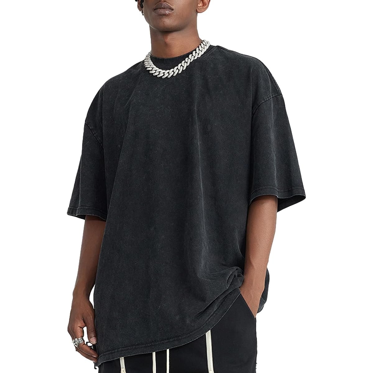 Bobeutou Unisex Oversized Vintage Acid Wash Cotton T-Shirt in A-black