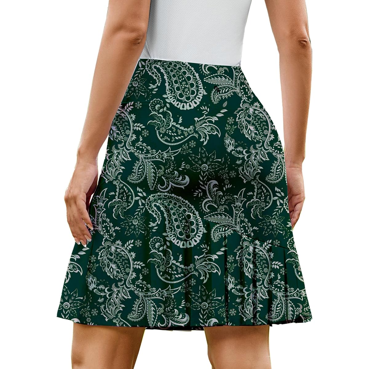 PINSPARK Women's 20-Inch Pleated Golf Skort with Mesh Shorts in Green Paisley