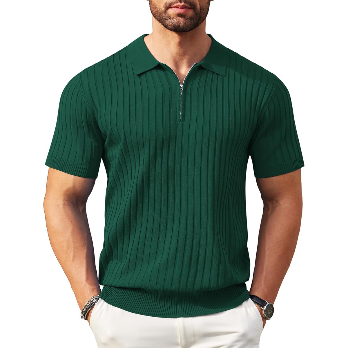 COOFANDY Men's Ribbed Knit Quarter-Zip Polo Shirt in Hunter Green