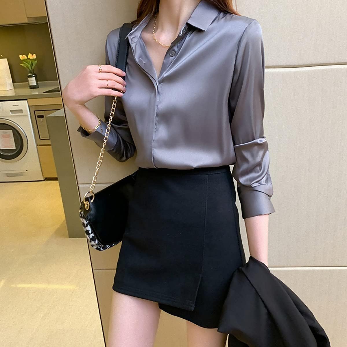 HIYIRUI Women's Satin-Effect Long Sleeve Button-Down Blouse detail view
