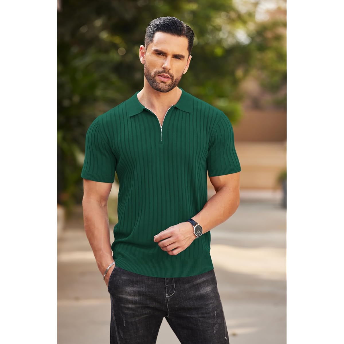 COOFANDY Men's Ribbed Knit Quarter-Zip Polo Shirt detail view